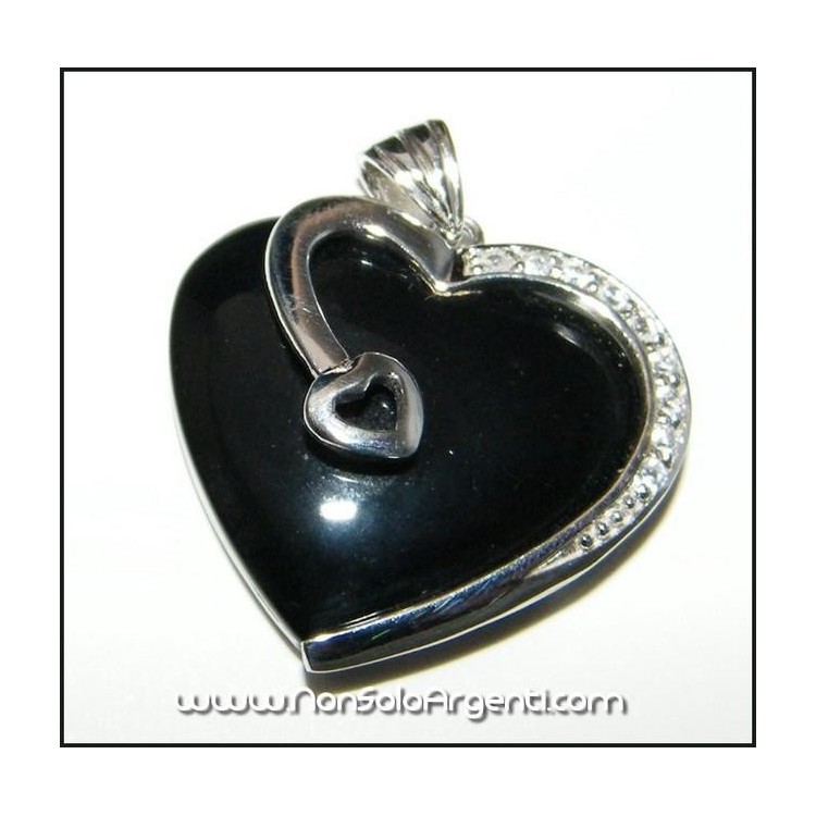 NSA|ARGENTO 925 : Ciondolo cuore di Onice con Zirconi e collana beads