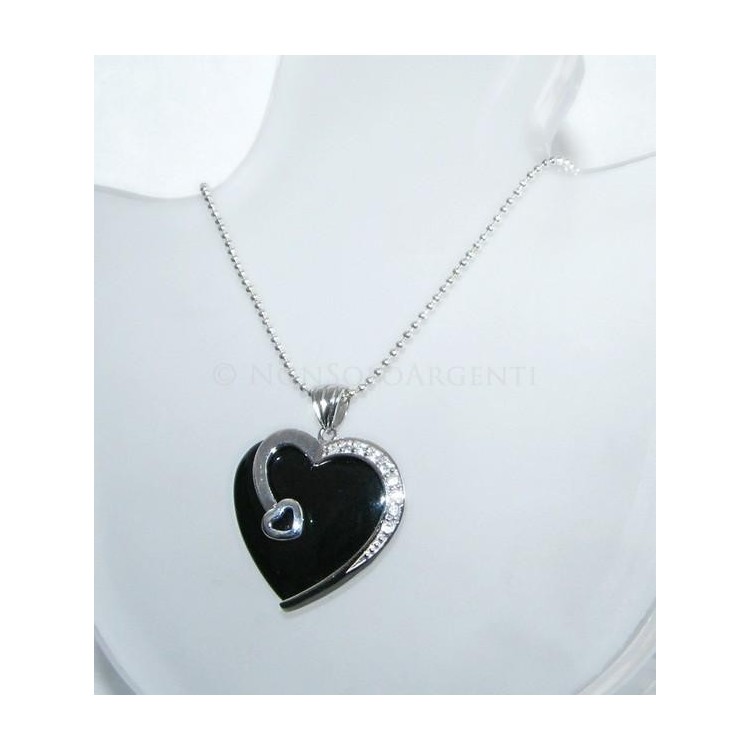 NSA|ARGENTO 925 : Ciondolo cuore di Onice con Zirconi e collana beads