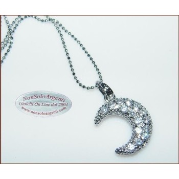 NSA|Costume Jewelry: Women's Necklace with Rhodium-Plated Zirconia Half Moon Pendant and Diamond Beads, Silver Color