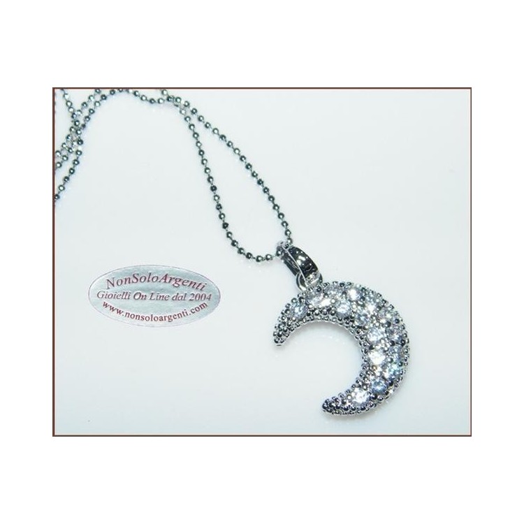NSA|Costume Jewelry: Women's Necklace with Rhodium-Plated Zirconia Half Moon Pendant and Diamond Beads, Silver Color