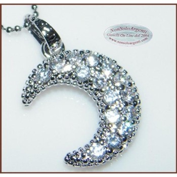 NSA|Costume Jewelry: Women's Necklace with Rhodium-Plated Zirconia Half Moon Pendant and Diamond Beads, Silver Color