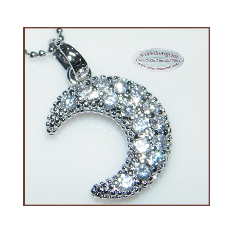 NSA|Costume Jewelry: Women's Necklace with Rhodium-Plated Zirconia Half Moon Pendant and Diamond Beads, Silver Color