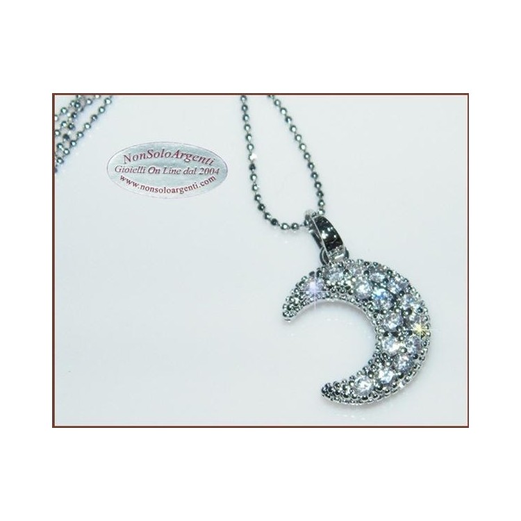 NSA|Costume Jewelry: Women's Necklace with Rhodium-Plated Zirconia Half Moon Pendant and Diamond Beads, Silver Color