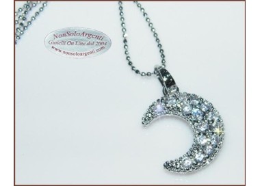 NSA|Costume Jewelry: Women's Necklace with Rhodium-Plated Zirconia Half Moon Pendant and Diamond Beads, Silver Color