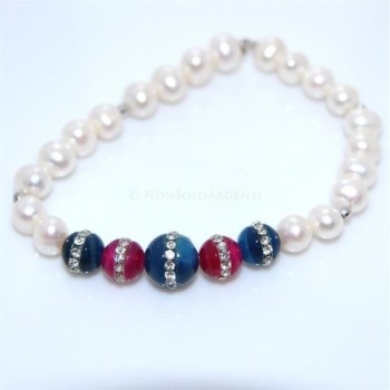 NSA|Bracciale Elastico Perle coltivate e perle di agata blu e fucsia con zirconia