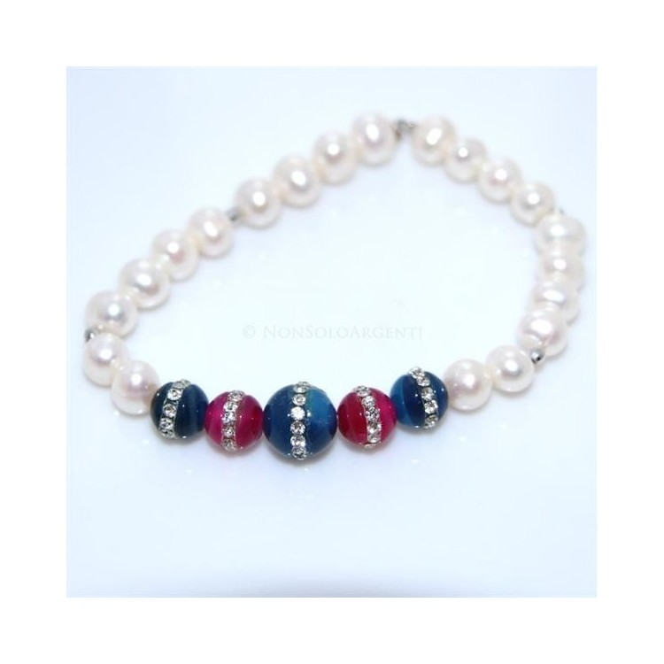 NSA|Bracciale Elastico Perle coltivate e perle di agata blu e fucsia con zirconia
