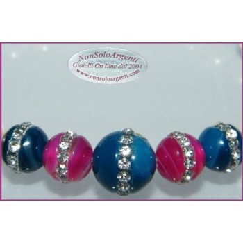 NSA|Bracciale Elastico Perle coltivate e perle di agata blu e fucsia con zirconia