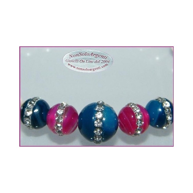 NSA|Bracciale Elastico Perle coltivate e perle di agata blu e fucsia con zirconia