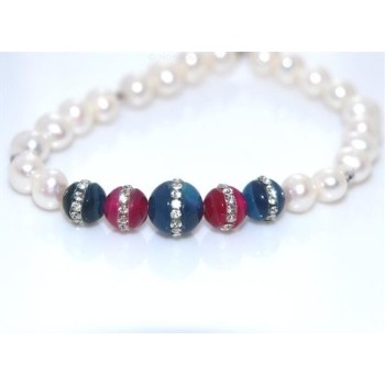 NSA|Bracciale Elastico Perle coltivate e perle di agata blu e fucsia con zirconia