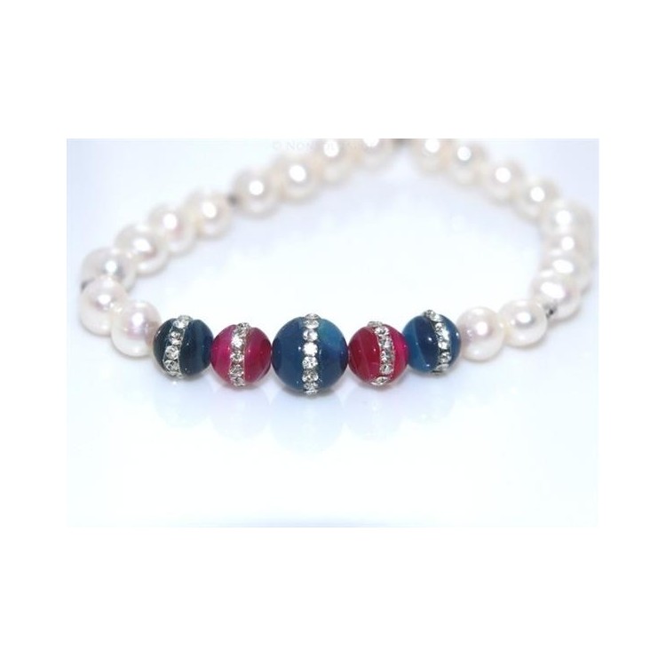 NSA|Bracciale Elastico Perle coltivate e perle di agata blu e fucsia con zirconia