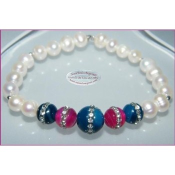 NSA|Bracelet Cultured pearls and blue and fuchsia agate with elastic woman zircons