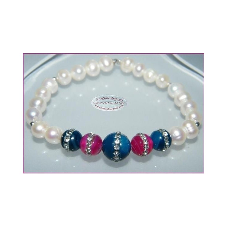 NSA|Bracelet Cultured pearls and blue and fuchsia agate with elastic woman zircons