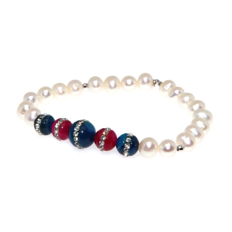 NSA|Bracelet Cultured pearls and blue and fuchsia agate with elastic woman zircons