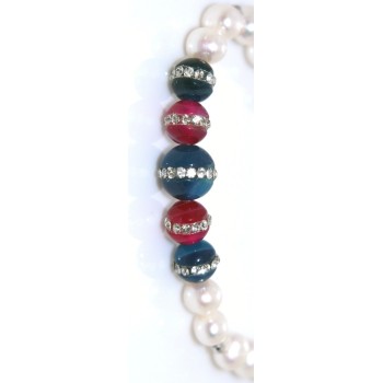 NSA|Bracelet Cultured pearls and blue and fuchsia agate with elastic woman zircons