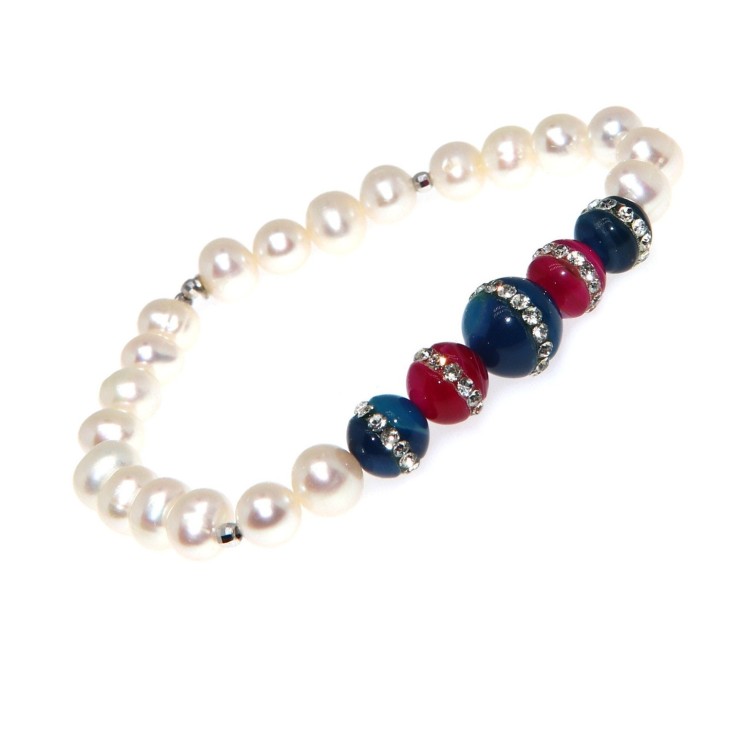 NSA|Bracelet Cultured pearls and blue and fuchsia agate with elastic woman zircons