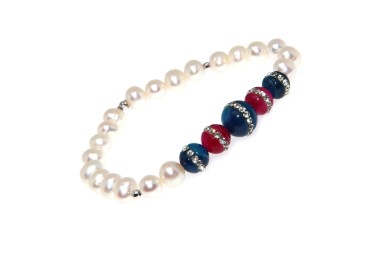 NSA|Bracelet Cultured pearls and blue and fuchsia agate with elastic woman zircons