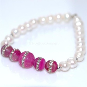 NSA|Bracciale Elastico Perle coltivate e perle di agata rosa fucsia con zirconia