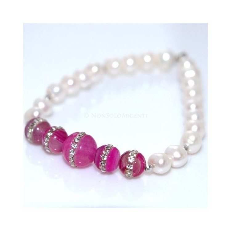 NSA|Bracciale Elastico Perle coltivate e perle di agata rosa fucsia con zirconia