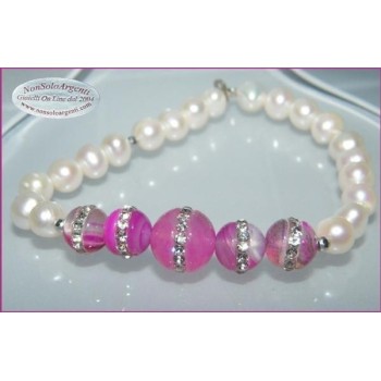 NSA|Bracciale Elastico Perle coltivate e perle di agata rosa fucsia con zirconia