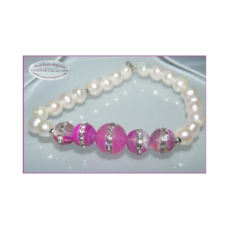 NSA|Bracciale Elastico Perle coltivate e perle di agata rosa fucsia con zirconia
