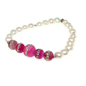 NSA|Bracelet Cultured pearls and fuchsia pink agate with elastic zircons for women