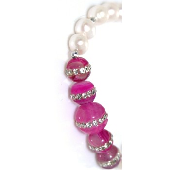NSA|Bracelet Cultured pearls and fuchsia pink agate with elastic zircons for women
