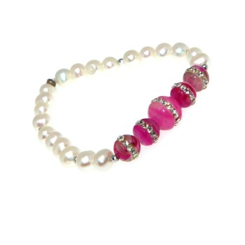 NSA|Bracelet Cultured pearls and fuchsia pink agate with elastic zircons for women