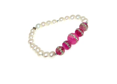 NSA|Bracelet Cultured pearls and fuchsia pink agate with elastic zircons for women