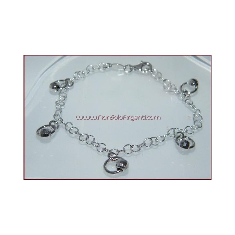 NSA|Argento 925 : Bracciale cerchietti rolo' a treccina e ciondoli con barilotti diamantati passanti