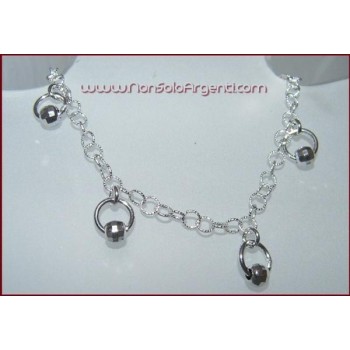 NSA|Argento 925 : Bracciale cerchietti rolo' a treccina e ciondoli con barilotti diamantati passanti
