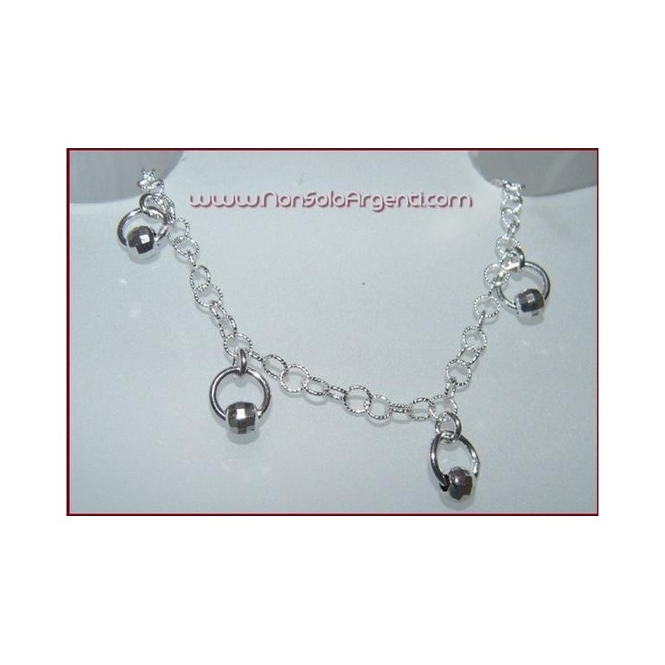 NSA|Argento 925 : Bracciale cerchietti rolo' a treccina e ciondoli con barilotti diamantati passanti