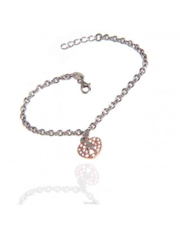 NALBORI Bracciale Argento 925 donna ragazza ciondolo cuore lucchetto e chiave zirconi in oro rosa