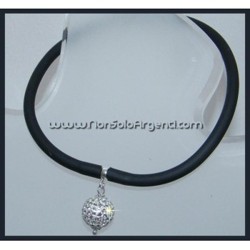 NSA|Argento 925 : Bracciale caucciu regolabile con sfera di zirconia bianchi