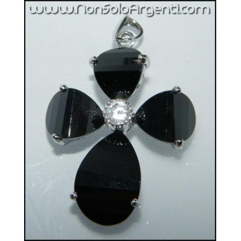 NSA|ARGENTO 925 : Ciondolo croce di cristallo nero onice con zircone e collana beads