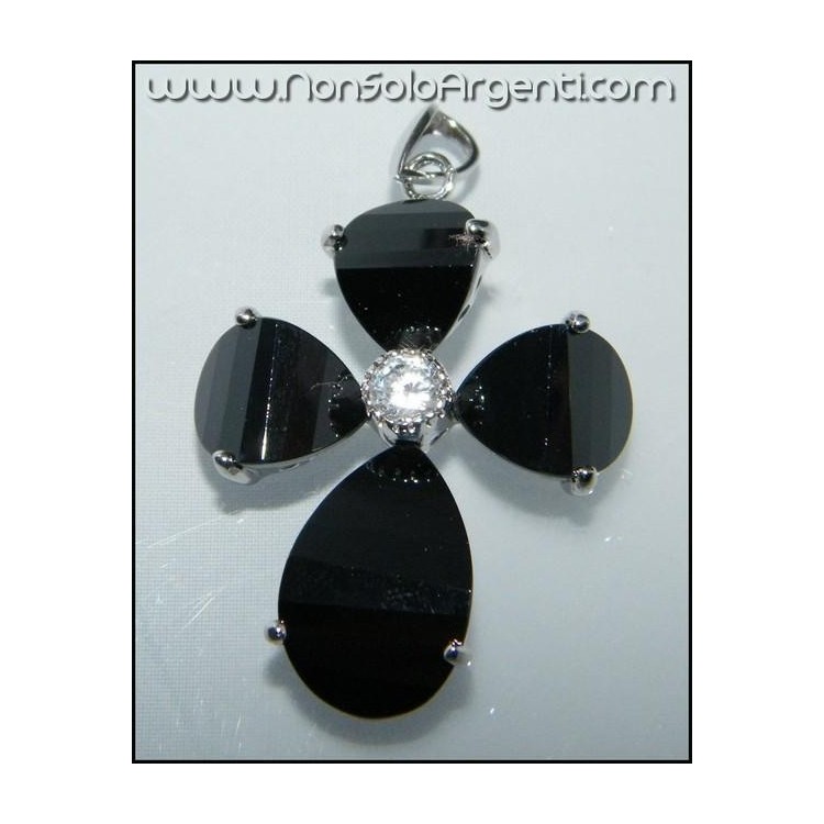 NSA|ARGENTO 925 : Ciondolo croce di cristallo nero onice con zircone e collana beads
