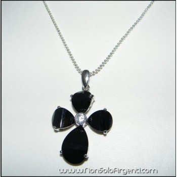 NSA|ARGENTO 925 : Ciondolo croce di cristallo nero onice con zircone e collana beads