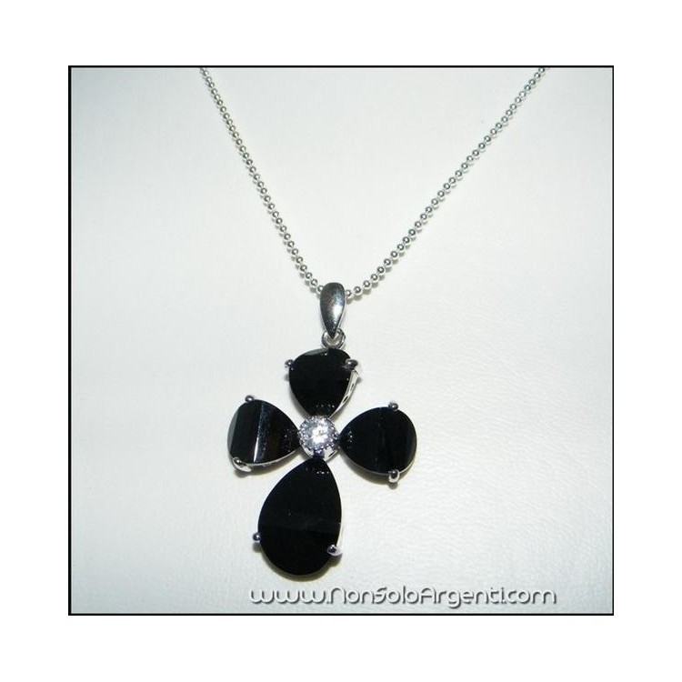 NSA|ARGENTO 925 : Ciondolo croce di cristallo nero onice con zircone e collana beads