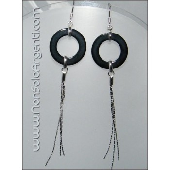 NSA|Argento 925 : Orecchini Lunghi con anelli di ONICE e ciondoli finitura rodiata