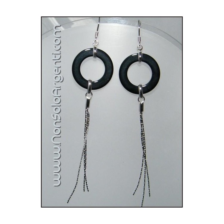 NSA|Argento 925 : Orecchini Lunghi con anelli di ONICE e ciondoli finitura rodiata