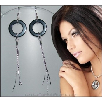 NSA|Argento 925 : Orecchini Lunghi con anelli di ONICE e ciondoli finitura rodiata