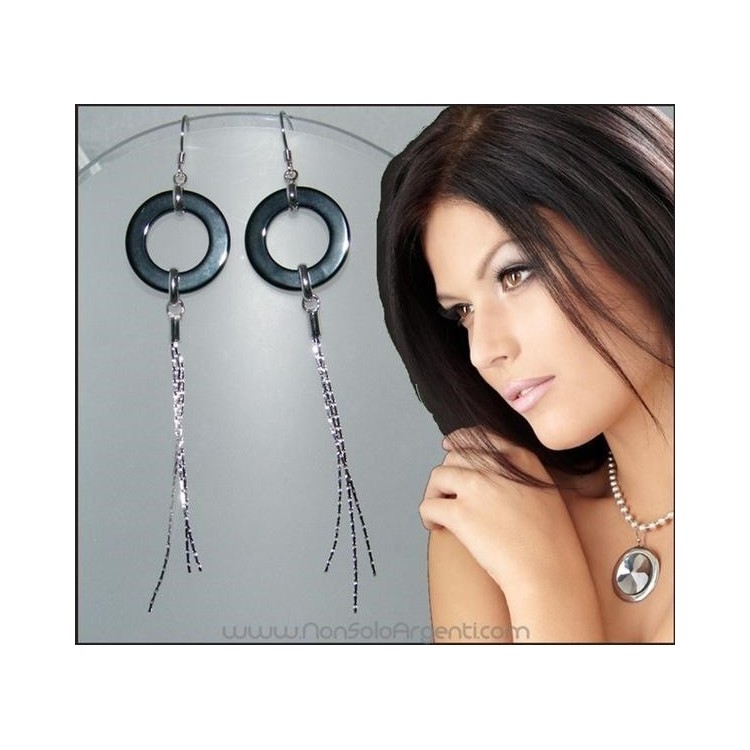 NSA|Argento 925 : Orecchini Lunghi con anelli di ONICE e ciondoli finitura rodiata