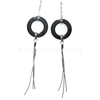 NSA|Long 925 silver earrings with black agate rings and pendants