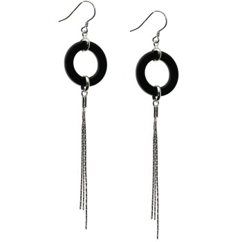 NSA|Long 925 silver earrings with rings of black agate tufts pendants
