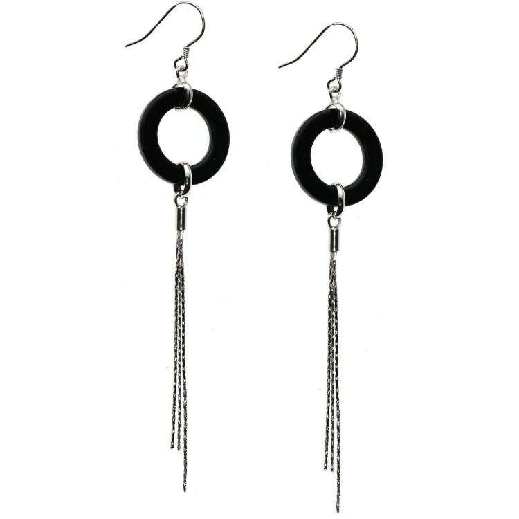NSA|Long 925 silver earrings with rings of black agate tufts pendants