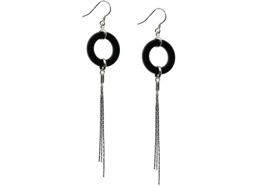 NSA|Long 925 silver earrings with rings of black agate tufts pendants