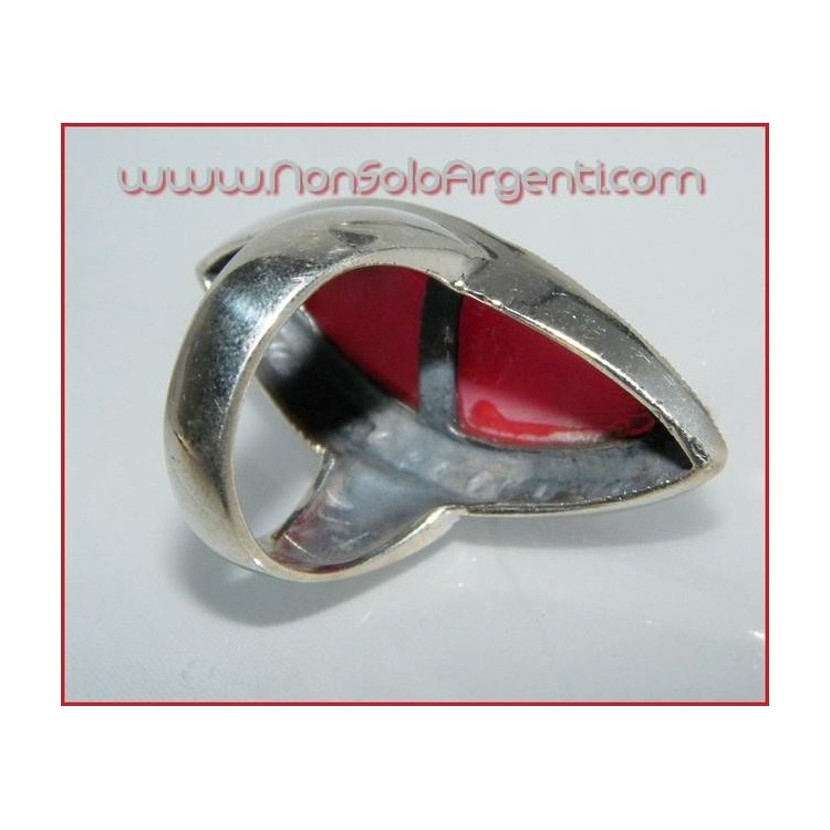 NSA|Anello argento 925 pasta di corallo grande navetta marcasite misura 16 donna