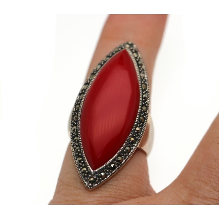 NSA|925 silver ring in coral paste large marcasite shuttle size 16 for women