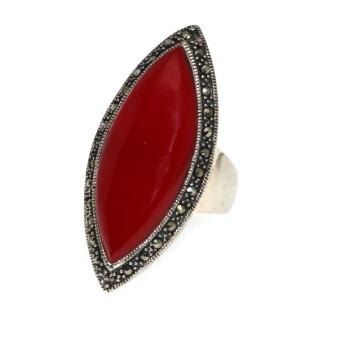 NSA|Anello argento 925 pasta di corallo grande navetta marcasite misura 16 donna