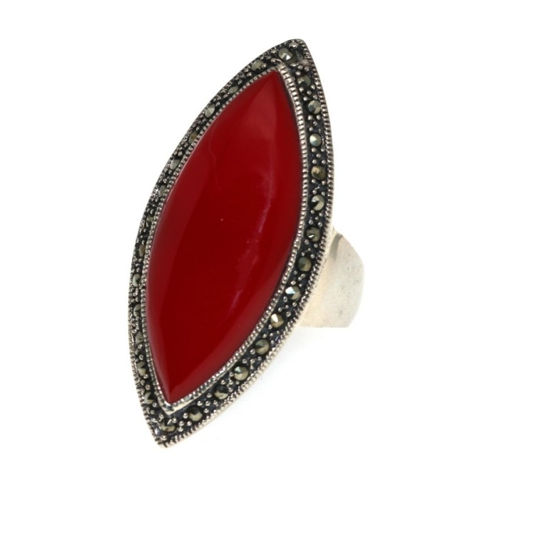 NSA|925 silver ring in coral paste large marcasite shuttle size 16 for women