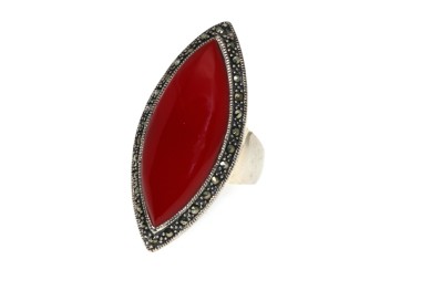 NSA|925 silver ring in coral paste large marcasite shuttle size 16 for women